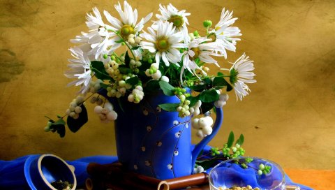 Ромашка, цветы, кувшин, букет, чашка, шарф, чай
