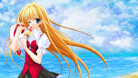 Kozue saeki, девушка, блондинка, мороженое, море