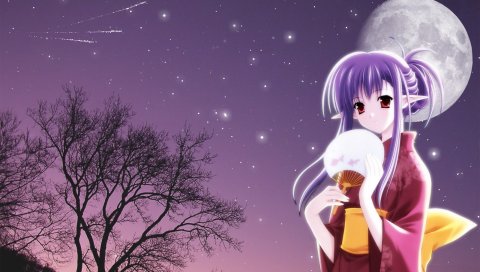 Shuffle, nerine, девушка, кимоно, веер, луна