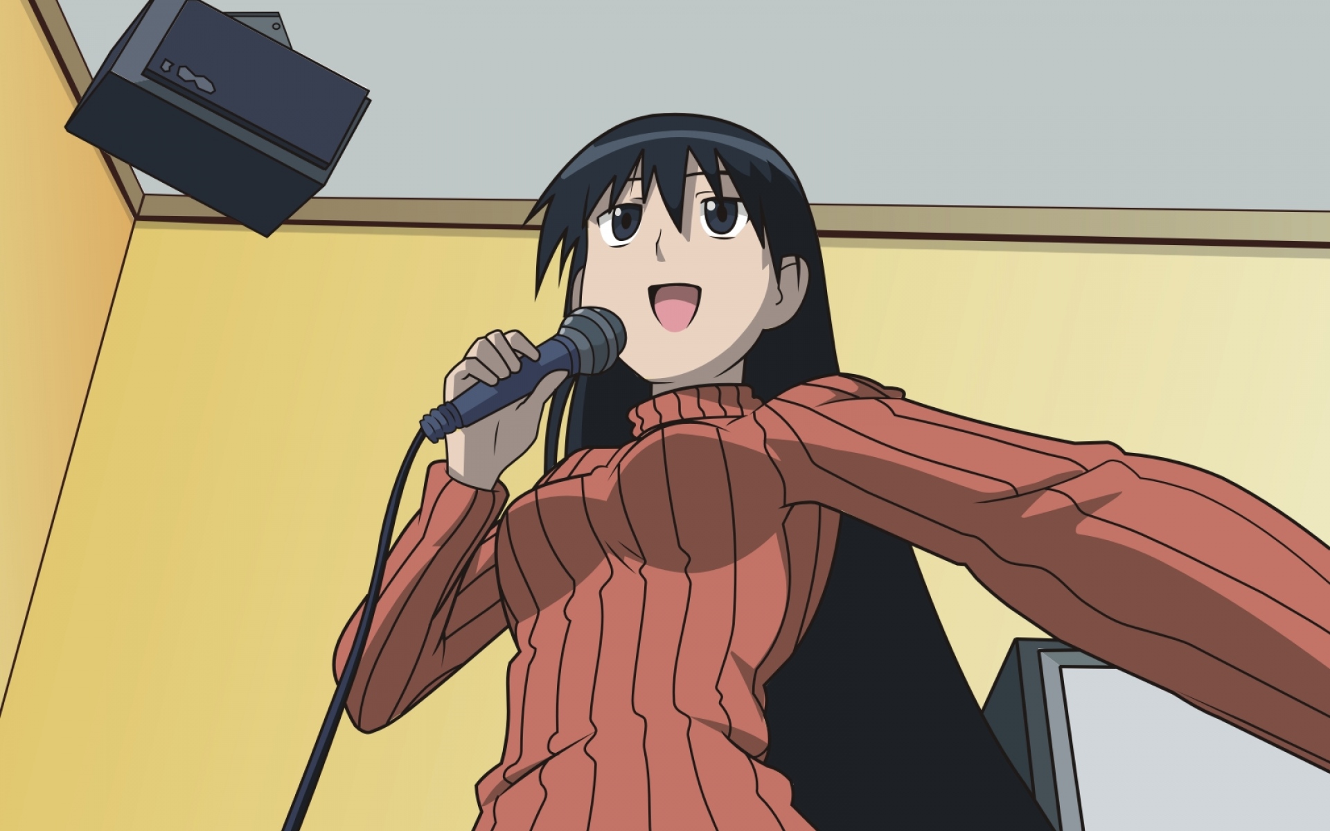 Картинки Azumanga daioh, сакаки, ??девушка, брюнетка, микрофон, музыка, караоке фото и обои на рабочий стол