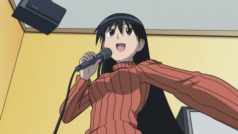 Azumanga daioh, сакаки, ??девушка, брюнетка, микрофон, музыка, караоке