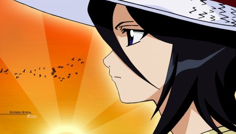 Bleach, kuchiki rukia, девушка, брюнетка, шляпа, закат, профиль