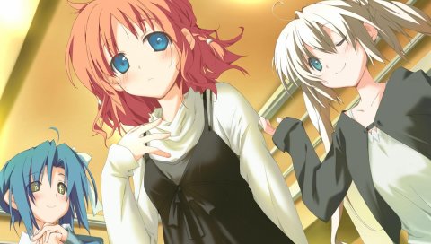 Kokonoka, счастливый маргарет, амагахара инахо, rindou saki, нисиномия шизуру, девушка, взгляд, осанка