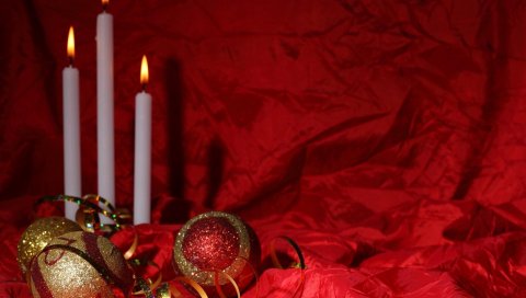 Рождественские украшения, свечи, рождество, праздник, ткань, фон