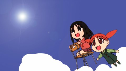 Azumanga daioh, kasuga ayumu, mihama chiyo, стул, полет, небо