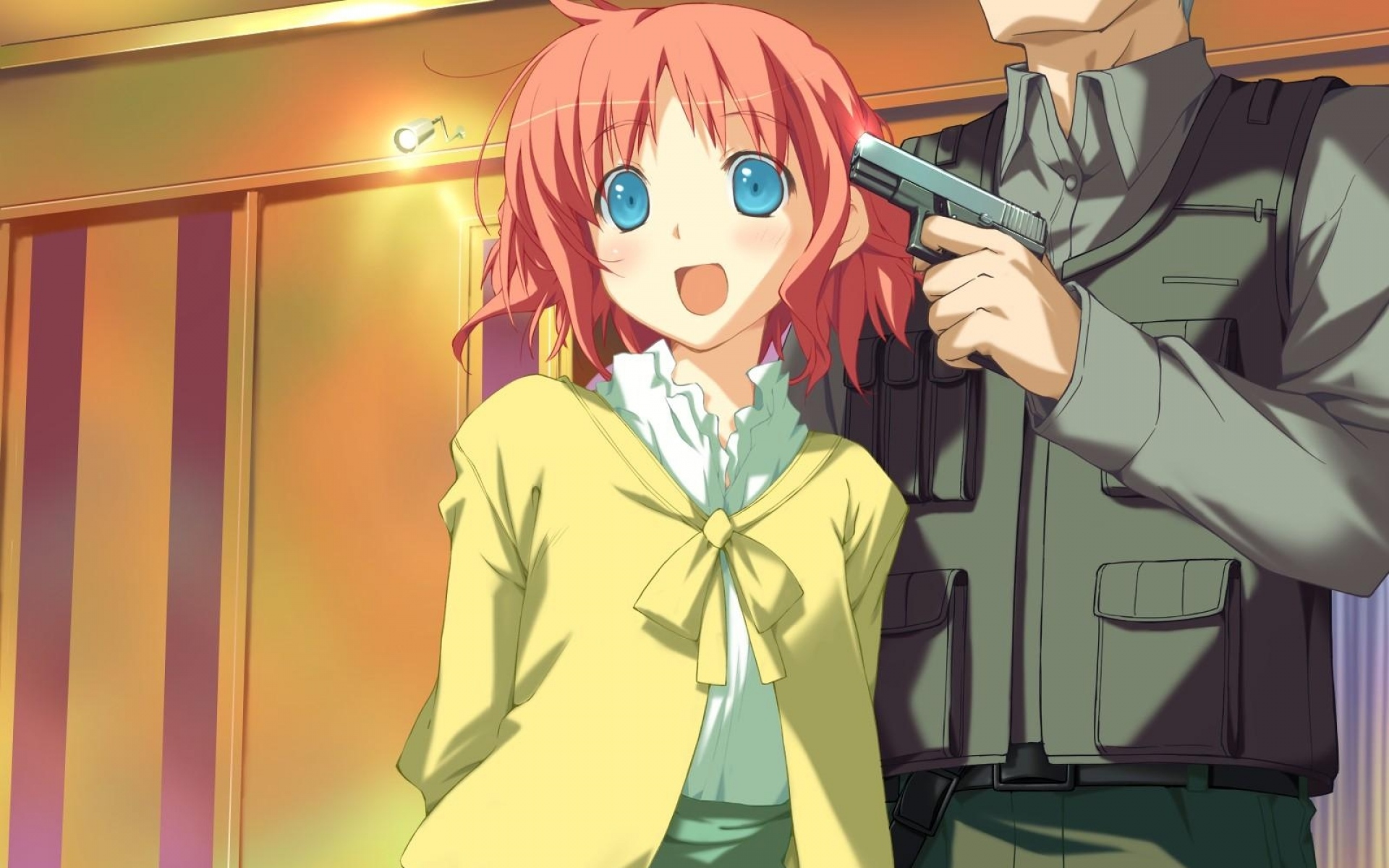 Картинки Kokonoka, happy margaret, amagahara inaho, девушка, открытый рот, рыжие волосы, оружие, пистолет фото и обои на рабочий стол