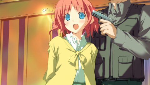 Kokonoka, happy margaret, amagahara inaho, девушка, открытый рот, рыжие волосы, оружие, пистолет