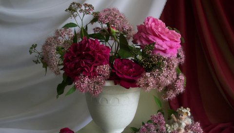 Розы, цветы, букет, ваза, ангел, ткань, бутон