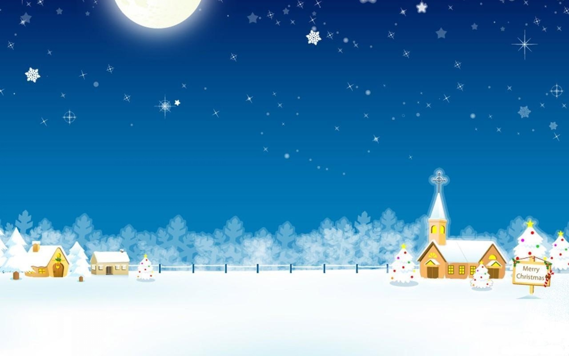 Картинки Рождество, праздник, дом, церковь, луна, звезды, деревья фото и обои на рабочий стол