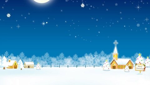 Рождество, праздник, дом, церковь, луна, звезды, деревья