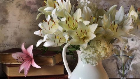 Лилии, гортензии, цветок, книга, ваза, горох, заметки