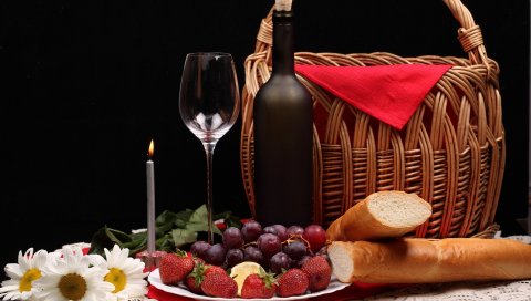 Бокал, фрукты, цветы, рамка, свеча, ткань