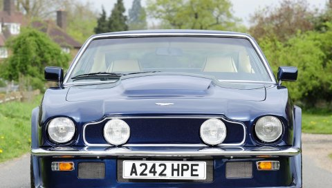 Aston martin, v8, vantage, 1977, синий, вид спереди, автомобили, деревья