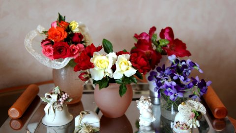 Розы, цветы, анютины глазки, колокольчики, поднос, сердце, ангел