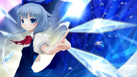 Penpen, cirno, девушка, улыбка, пальцы, космос, синие волосы, крылья