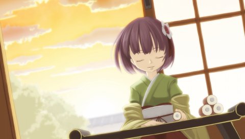 Hieda no akyuu, девушка, брюнетка, кимоно, спокойствие