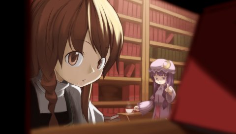 Kirisame marisa, знание пачули, девушки, книги, чашка, книжная полка