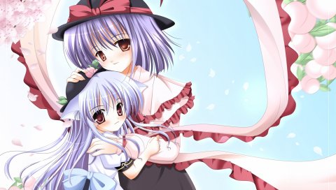 Hinanawi tenshi, nagae iku, девушка, обнять, цветы, шляпу, ухо, ленту