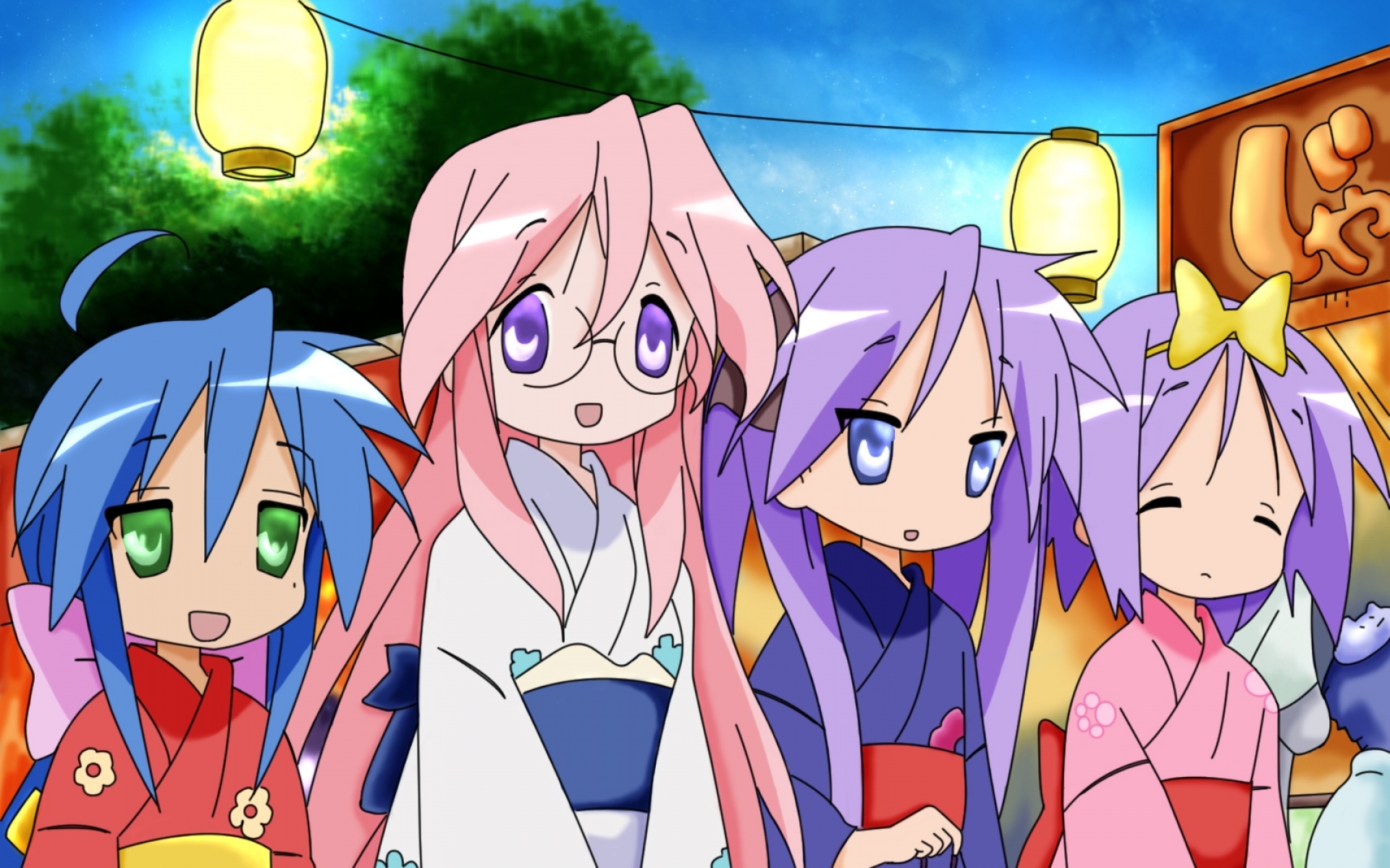Картинки Счастливая звезда, izumi konata, hiiragi kagami, hiiragi tsukasa, takara miyuki, девушки, кимоно фото и обои на рабочий стол