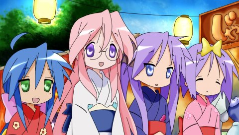 Счастливая звезда, izumi konata, hiiragi kagami, hiiragi tsukasa, takara miyuki, девушки, кимоно