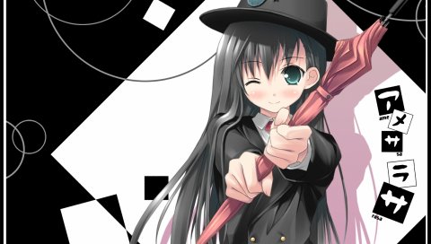Amesarasa, chiyokawa rin, девушка, брюнетка, зонтик, шляпа, подмигивание