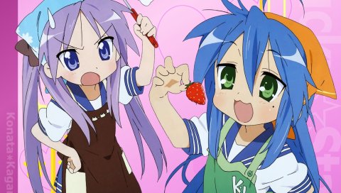 Удачливая звезда, izumi konata, hiiragi kagami, девушки, ковш, клубника