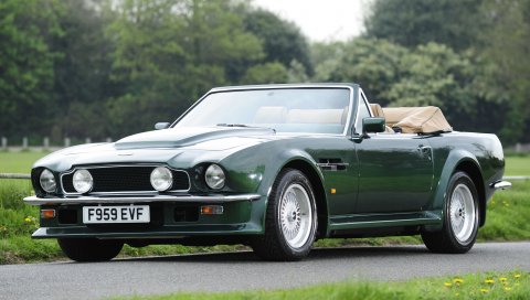 Aston martin, v8, vantage, 1984, зеленый, вид сбоку, кабриолет, деревья