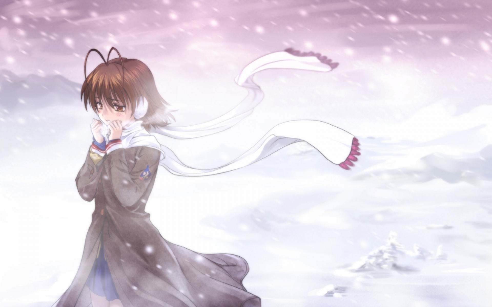 Картинки Clannad, фукукава нагиса, девушка, брюнетка, шарф, снег, холод фото и обои на рабочий стол