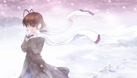Clannad, фукукава нагиса, девушка, брюнетка, шарф, снег, холод
