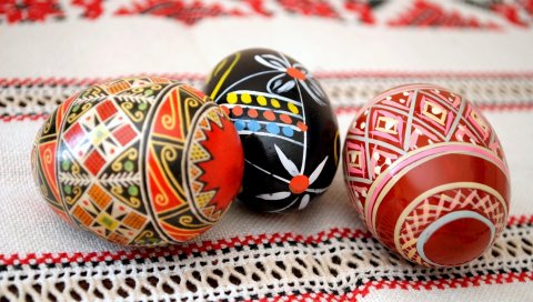 Пасха, праздник, яйца, три, скатерть, крупный план
