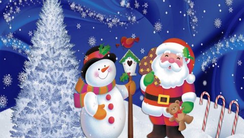 Санта-Клаус, снеговик, рождество, дерево, снежинки, открытка