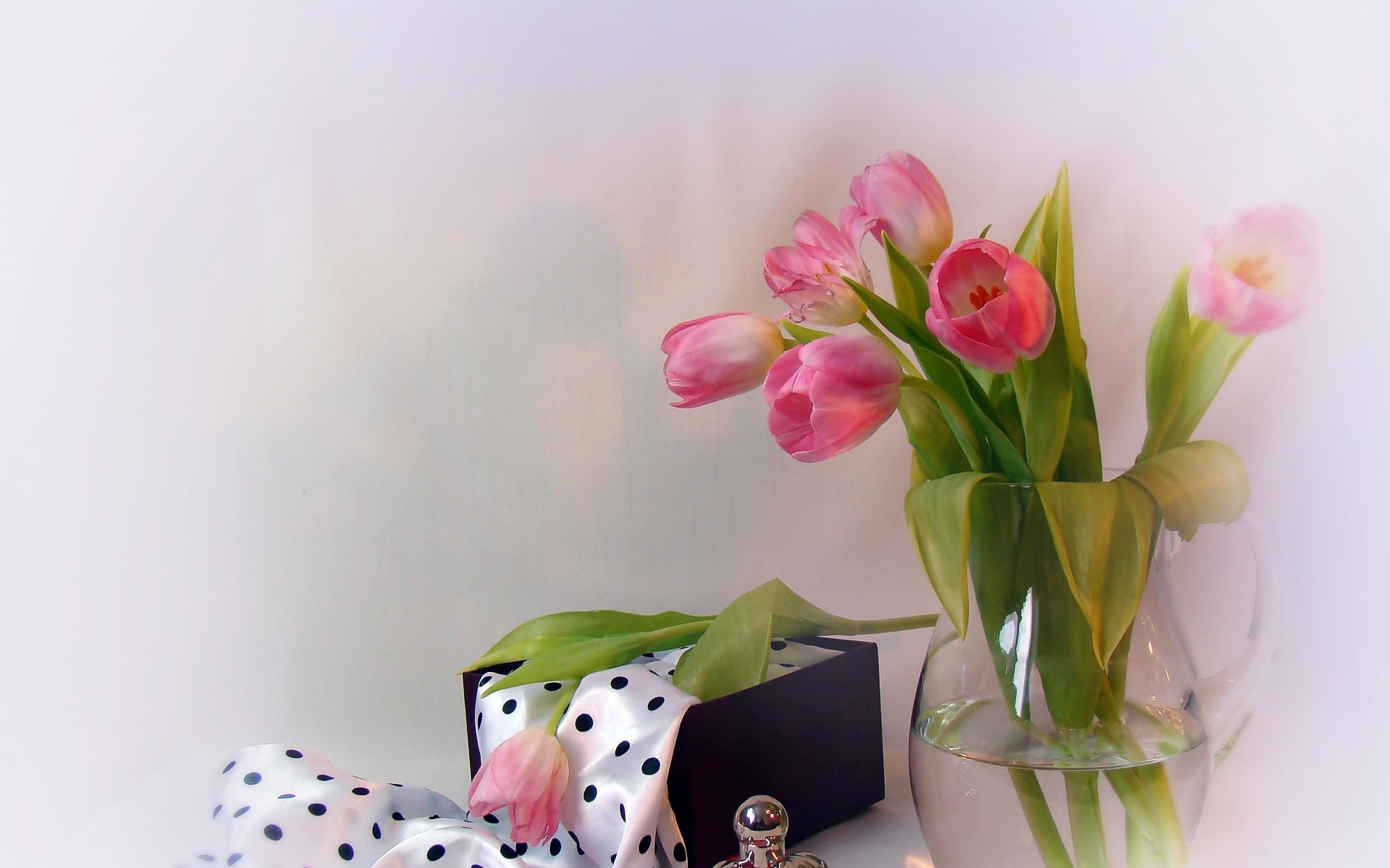 Картинки Тюльпаны, цветы, кувшин, парфюмерия, шарфы, ящик фото и обои на рабочий стол