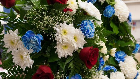 Роза, хризантемы, гвоздики, гипсофила, зелень, букет, элегантный