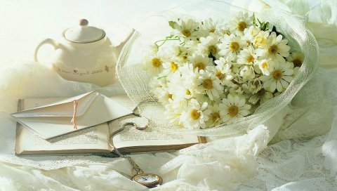 Ромашка, цветы, букет, часы, книга, конверт, романтика