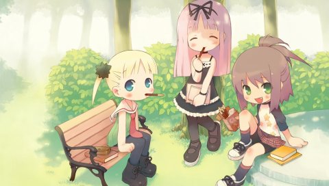 Gayarou, himemiya ruri, hoshino erika, suzumura azami, девушка, парк, скамейка