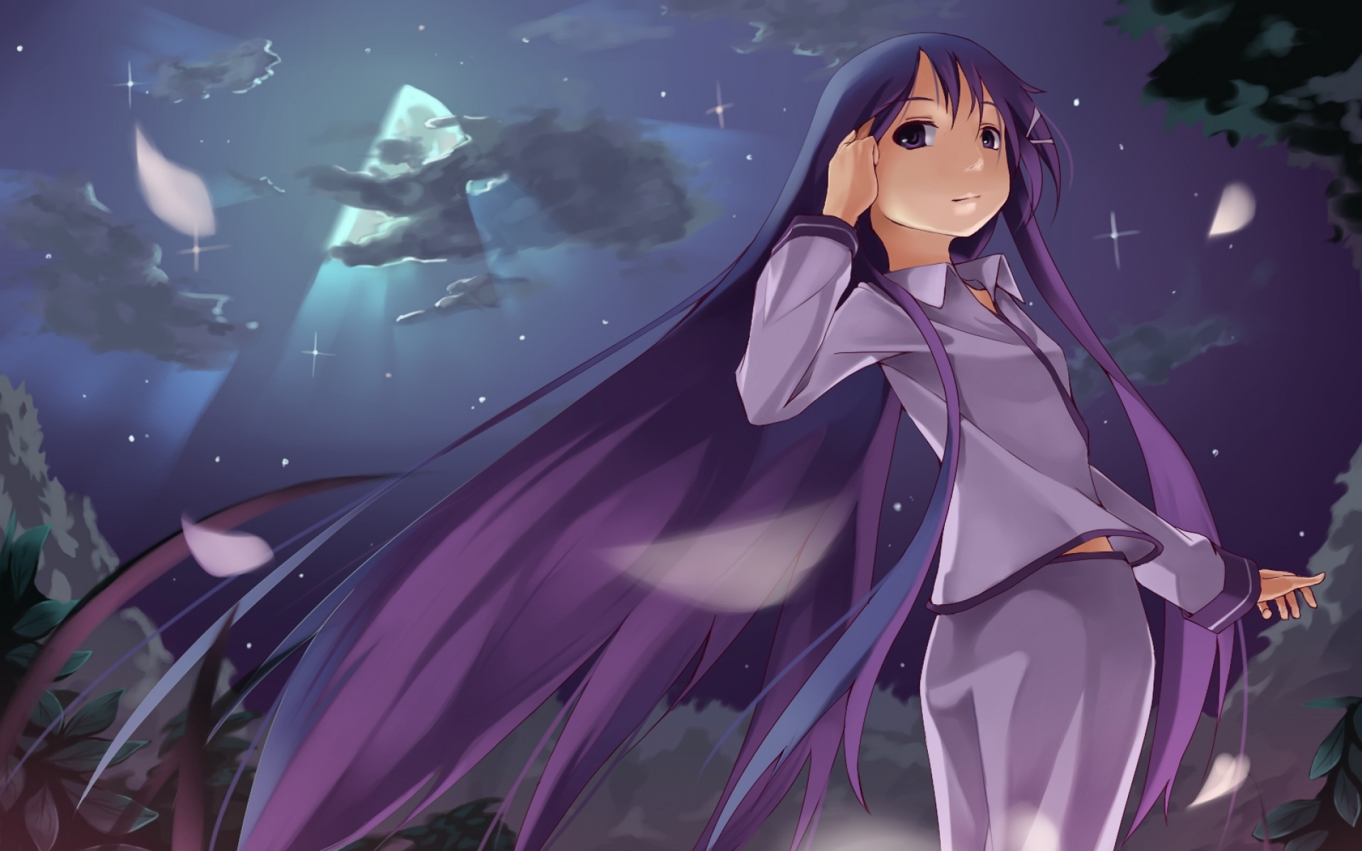 Картинки Foge, hanbun no tsuki ga noboru sora, akiba rika, девушка, лепестки, ночь фото и обои на рабочий стол