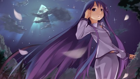 Foge, hanbun no tsuki ga noboru sora, akiba rika, девушка, лепестки, ночь