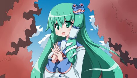 Oborotsuki kakeru, kochiya sanae, девушка, зелёные волосы, змея