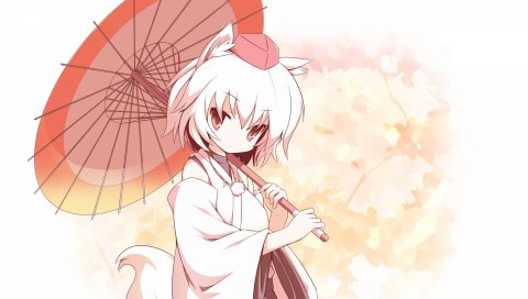 Inubashiri momiji, девушка, ходьба, зонтик, хвост