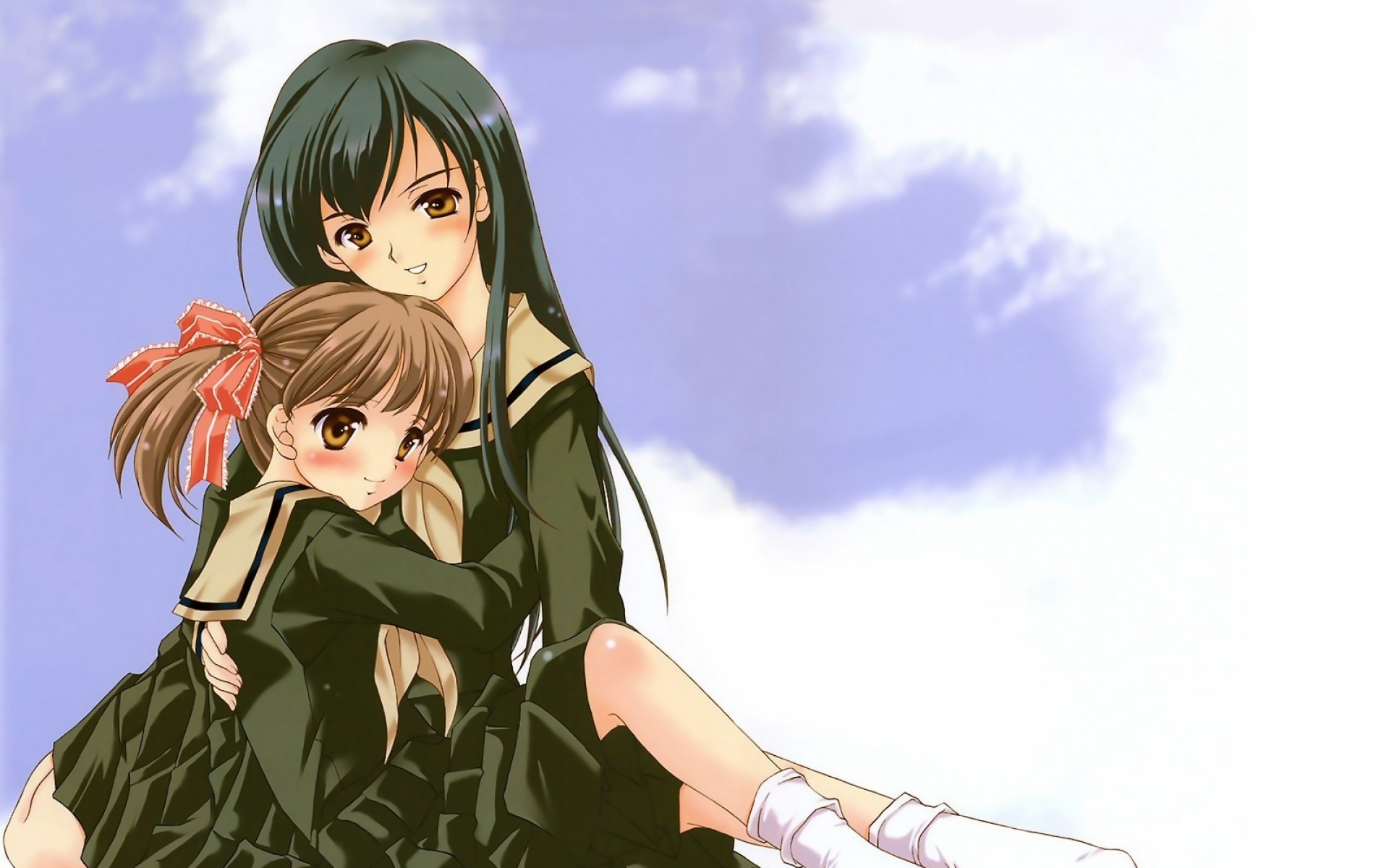 Картинки Fukuzawa yumi, ogasawara sachiko, hug, улыбка, небо фото и обои на рабочий стол