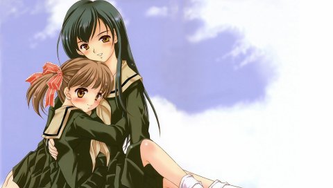 Fukuzawa yumi, ogasawara sachiko, hug, улыбка, небо