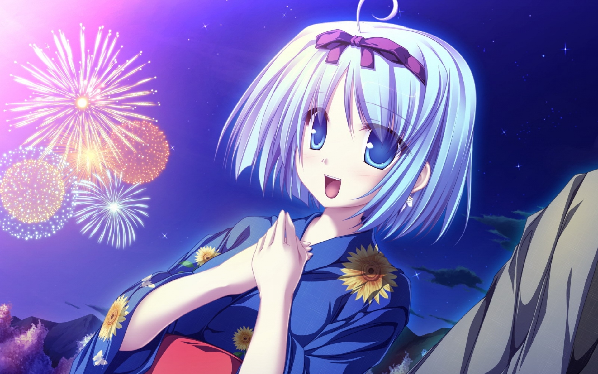 Картинки Tenmaso, magus tale, kujou yuuka, девушка, кимоно, фейерверк, радость фото и обои на рабочий стол