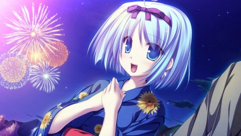 Tenmaso, magus tale, kujou yuuka, девушка, кимоно, фейерверк, радость