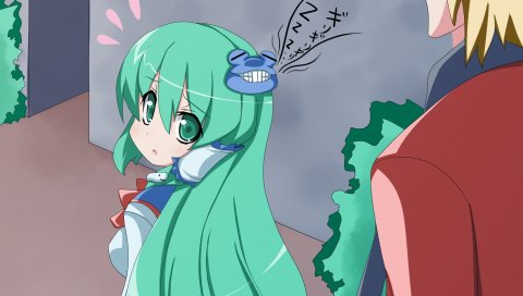 Oborotsuki kakeru, kochiya sanae, девушка, зелёные волосы,