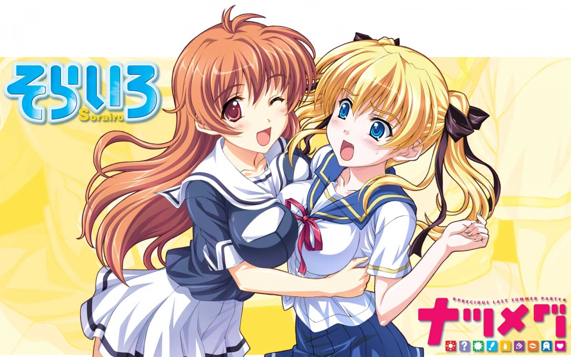 Картинки Seifuku, симметричная стыковка, sorairo, девушки, обнять, подмигнуть, радость фото и обои на рабочий стол