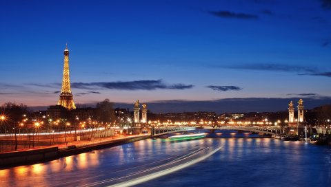Эйфелева башня, Париж, ночь, огни, Франция, мост, река, hdr