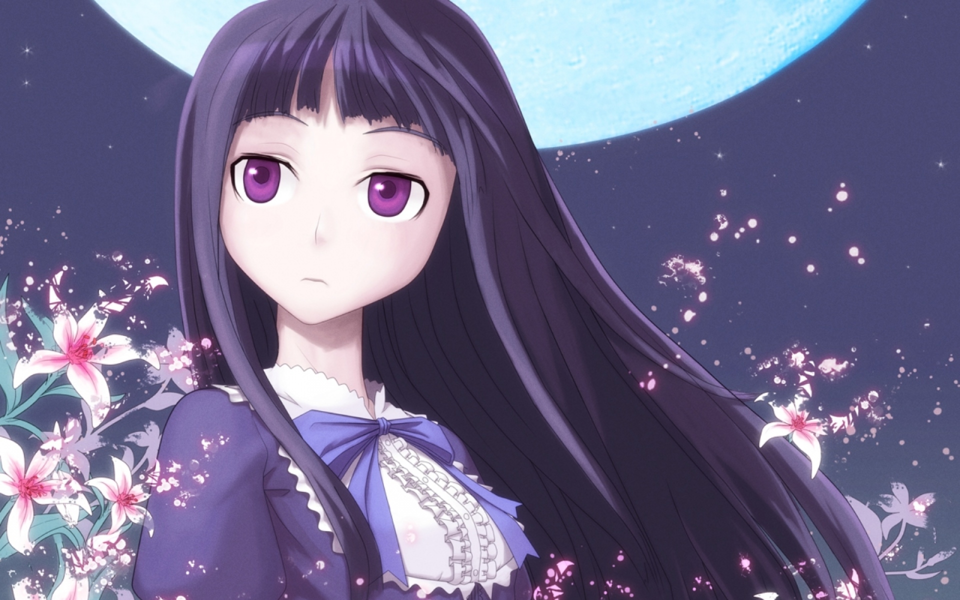 Картинки Umineko no naku koro ni, девушка, брюнетка, цветы, луна фото и обои на рабочий стол