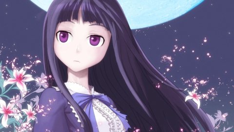 Umineko no naku koro ni, девушка, брюнетка, цветы, луна