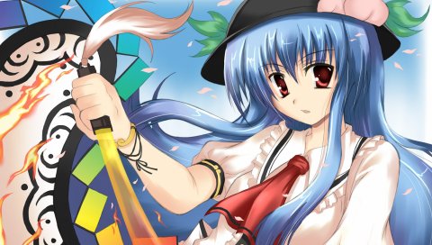 Nozomi tsubame, hinanawi tenshi, девушка, меч, пламя, шляпа