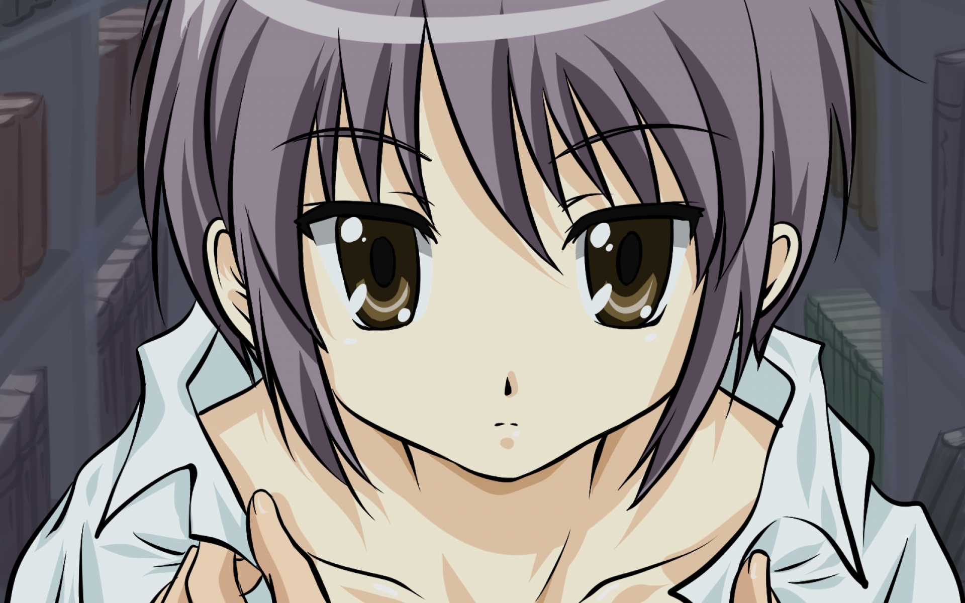 Картинки Suzumiya haruhi no yuutsu, nagato yuki, девушка, рубашка, крупный план фото и обои на рабочий стол